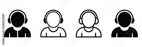 Four faceless people icons wearing headphones for customer support or call center concepts