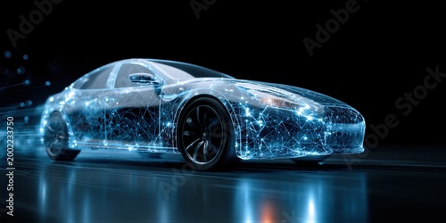 Car with wireframe glowing lights driving fast. Concept of self-driving autonomous vehicle with digital network connection. Future automotive technology and modern electric transport design.