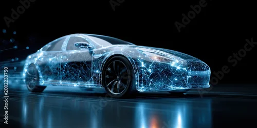 Obraz  z motywem Car with wireframe glowing lights driving fast. Concept of self-driving autonomous vehicle with digital network connection. Future automotive technology and modern electric transport design.