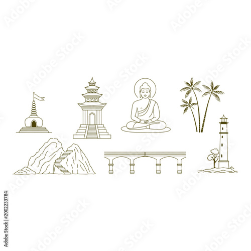 Sri Lanka travel vector set, Buddha statue, temple, lighthouse, palm trees, mountain, bridge, landmark line art