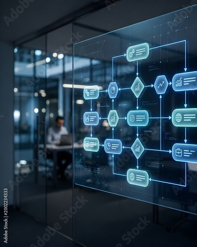 Business process workflow diagram with digital flowchart interface and copy space