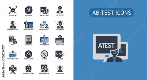 Flat lay of an AB test icon set on a white and blue background with various symbols and graphics for website optimization.