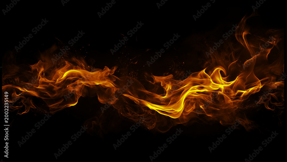 Fototapeta premium Horizontal fire flame border burning blaze isolated black background