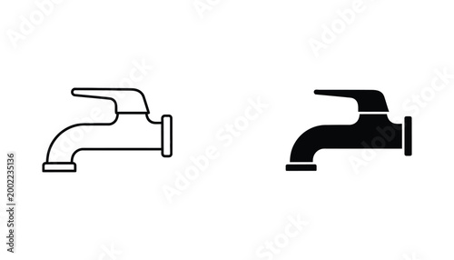 Water faucet icon set in minimalist outline and solid black styles for plumbing and bathroom utility branding