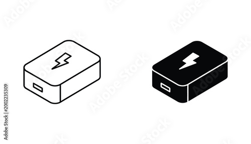 Portable power bank battery icon in isometric outline and solid vector for electronic charging