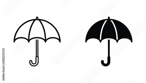 Open umbrella weather icon set in simple black and white line art and solid silhouette style for meteorology interface