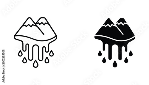 Mountain landscape with melting ice icon set featuring climate change concept in outline and solid black silhouette for environmental awareness campaigns