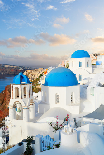 famous blue domes and volcano caldera with sea landscape, beautiful details of Oia and Santorini island, Greece