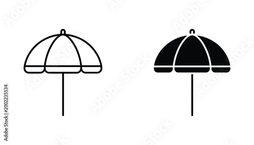 Beach umbrella icon set with detailed outline and solid black variations for summer vacation travel and holiday marketing materials
