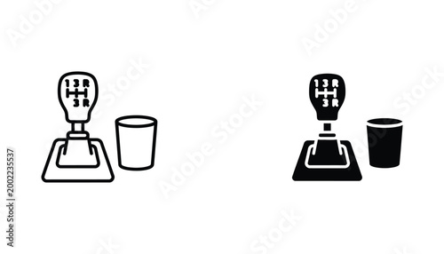Manual car gear shift knob with cup holder icon set featuring clean outline and solid black graphic styles for automotive interface design
