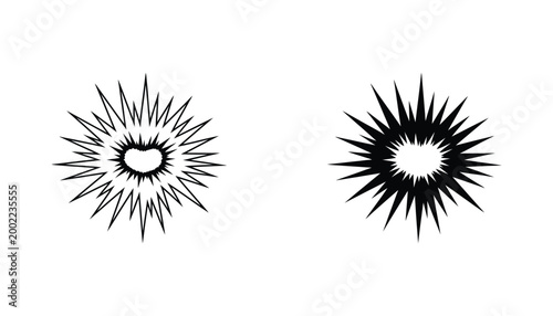 Starburst explosion icon set featuring outline and solid black silhouette for comic book action and graphic design emphasis