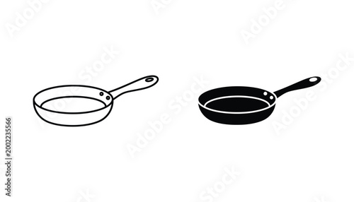 Frying pan icon set featuring outline and solid black silhouette for cooking culinary and kitchenware product design graphics