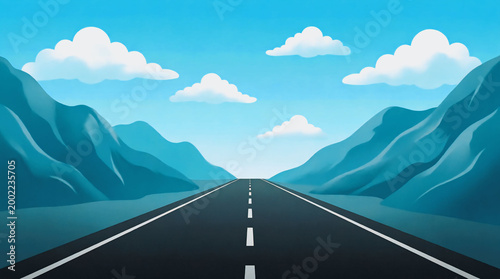 Cartoon empty road through mountains scenic landscape background