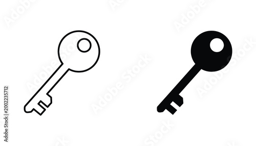 Classic metal door key icon in outline and solid black silhouette styles for security and access control graphic design