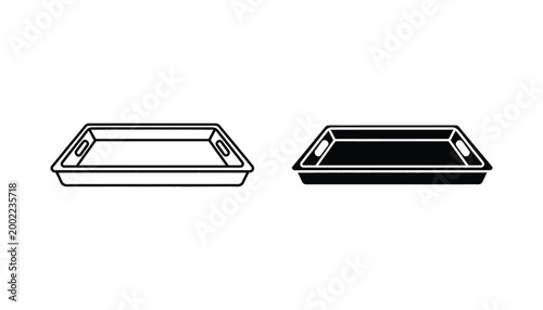 Rectangular serving tray icon in outline and solid black silhouette styles for food service and catering design concepts