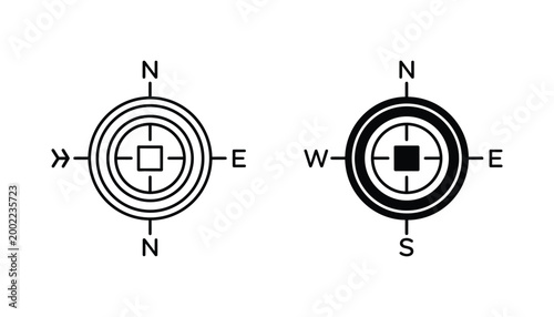 Compass direction navigation icon with cardinal points in outline and solid black silhouette for travel and exploration design