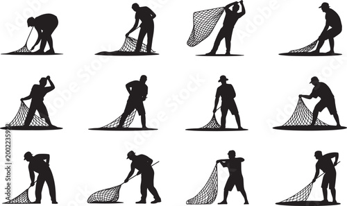 Fishing Net Silhouette Set with Fishermen Throwing Nets, Catching Fish, Coastal Work Activities, Traditional Occupation and Marine Lifestyle Scenes