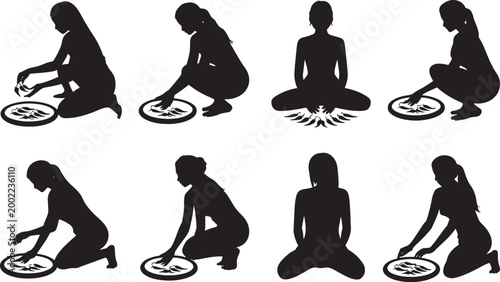 Woman Sorting Food Silhouette Set with Female Cleaning, Preparing Vegetables, Sitting Floor Activities and Traditional Household Food Processing Scenes