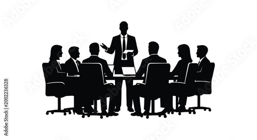 business meeting silhouette with presenter and seated attendees high quality professional detailed modern elegant stylish clean crisp vibrant colorful digital creative