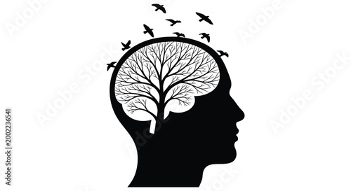 human head silhouette with tree and birds on white background silhouette high quality professional detailed modern elegant stylish clean crisp vibrant
