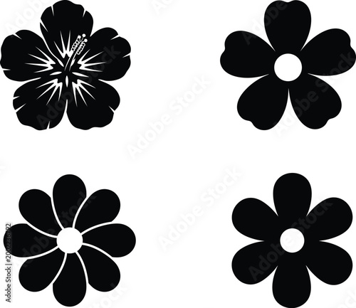 Black floral silhouettes a collection of four delicate flower shapes