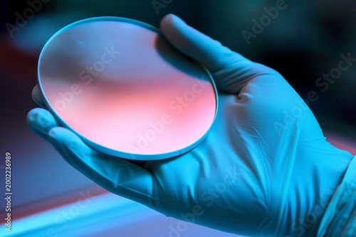 Scientist in cleanroom glove holds a silicon wafer under blue and pink lighting