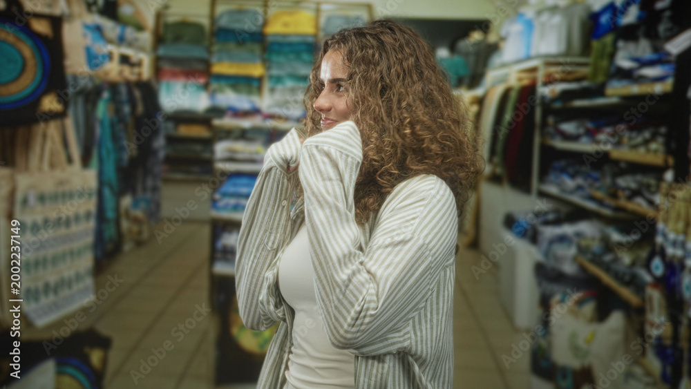 Fototapeta premium Woman covers face with sleeves and smiles among clothing shelves in a building; playful confidence charm.