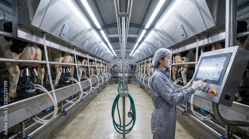 Farm worker monitoring dairy cattle using automated milking system touchscreen