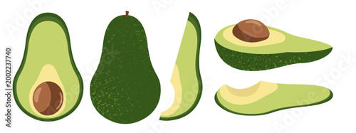 Illustration set of avocados with whole fruit, halves with seeds, sliced ​​pieces
