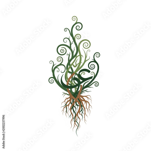 Abstract Swirling Green Plant with Roots.