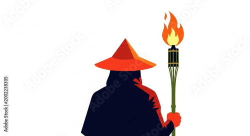 Mysterious figure holding a flaming torch against a white background.