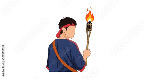 Person holding a flaming torch in a dark environment.