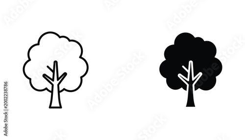 Single deciduous tree icon set in outline and solid silhouette