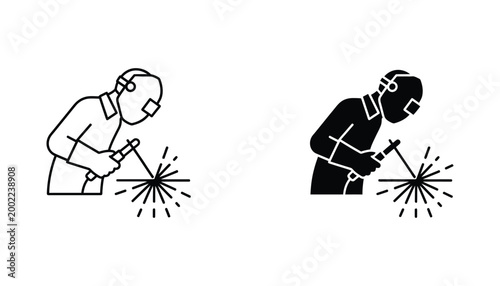 Welder professional worker icon set in outline and solid black style for industrial and manufacturing industry design isolated on white background