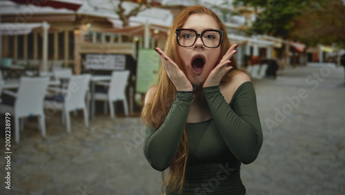 Redhead woman in green off shoulder dress with glasses holds hands to cheeks, mouth open in shock at street cafe outdoor seating; surprise wonder.