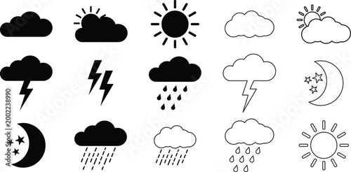 Weather icon set, Weather Forecast Icon Set Sun Cloud Rain Thunder Minimal Symbols, vector, illustration