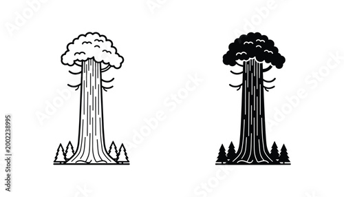 Giant sequoia redwood tree icon set with surrounding pines in outline and solid black design for nature forest conservation and environmental graphic projects