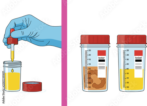 Urine Sample Test Containers with Medical Gloved Hand Dropper Specimen Analysis Laboratory Diagnostic Vector Illustration