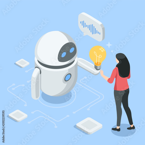 An isometric vector robot gives a woman a glowing light bulb, in color on a blue background, AI assistant or chat