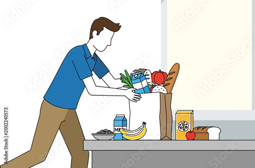 Shopper packs his grocery bag with fresh healthy food products at a counter.