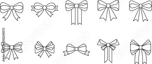 Ribbon Bow Outline Collection with Decorative Gift Wedding and Holiday Line Art Vector Set