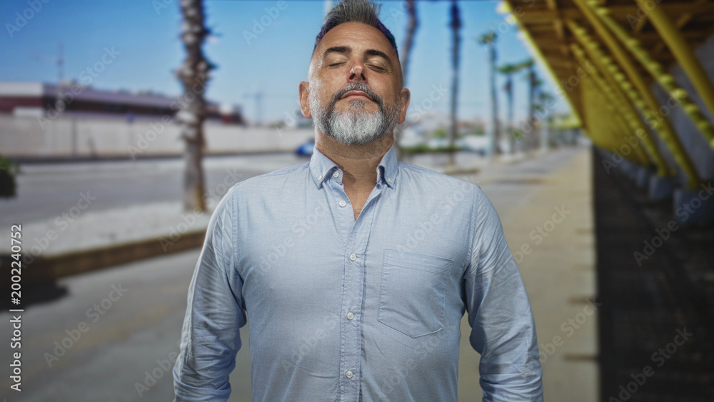 Fototapeta premium Man with gray beard and open collar standing with eyes closed, breathing slowly on a sunny street lined with palm trees and yellow canopy; calm reflection.