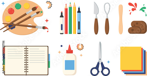 Arts and Crafts Supplies Collection with Paint Palette Pencils Glue Scissors and Paper Vector Set