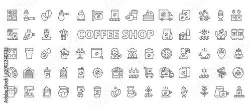 Coffee shop icons in line design. coffee shop, cafe, coffee, espresso, cappuccino, latte, barista on white background vector. Coffee shop editable stroke icons.