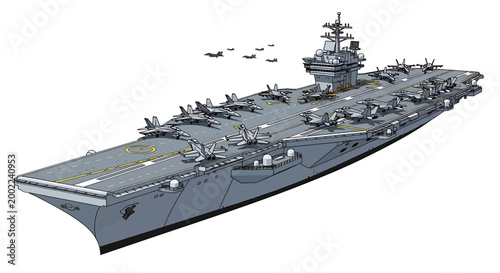 Illustration of a modern us navy aircraft carrier with fighter jets on the flight deck