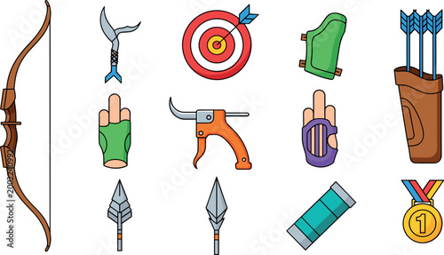 Vector Illustration of Archery Equipment Including Bow, Arrows, Target, and Gear for Sports, Competition, and Outdoor Designs