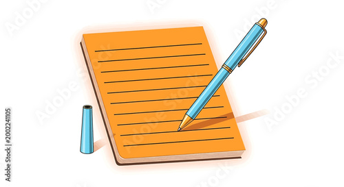 A blue ballpoint pen resting on an orange lined notepad with a separate pen cap nearby