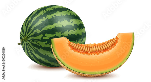 Whole watermelon and a slice of cantaloupe melon