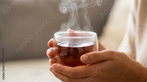 Person holding steaming cup of hot tea in hands
