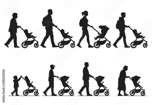 Modern Three-Wheel Baby Stroller Vector Set – Multi-Age People Pushing Silhouettes